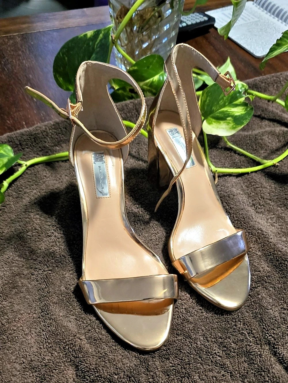 INC International Concepts Gold Metallic Ankle Strap Heels